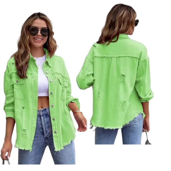 Women's Distressed Button-Down Denim Shirt- Jacket Size L 💕 - Picture 1 of 8